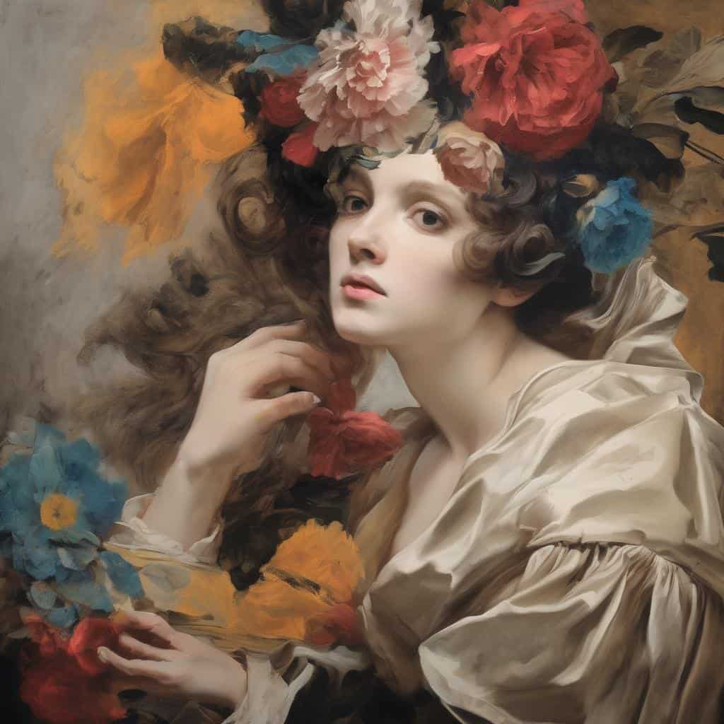 Γυναικεία μορφή με λουλούδια στα μαλλιά, σύγχρονη τέχνη και επιρροές.