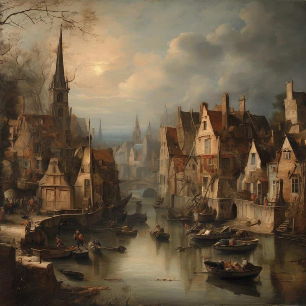 Παλιό τοπίο με καλαίσθητη αρχιτεκτονική και μικρά σκάφη σε ποταμό, επηρεασμένο από τις επιρροές που διαμόρφωσαν τη σύγχρονη τέχνη.