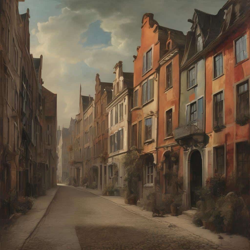 Παλιά πόλη με πολύχρωμα κτίρια και ατμοσφαιρικό ουρανό, σύγχρονη επιρροή στην τέχνη.