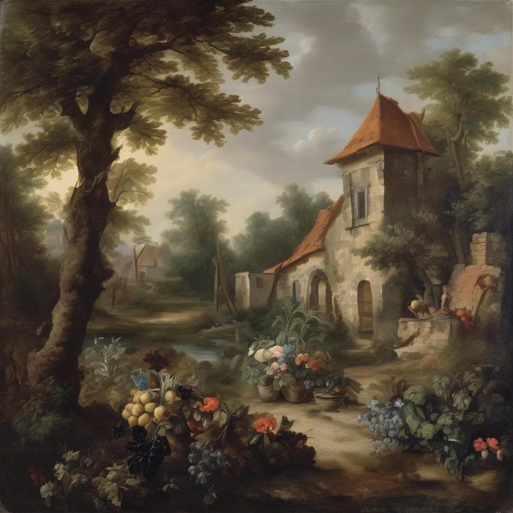 Οικογενειακό τοπίο με πλούσιες φυλλωσιές και παραδοσιακό εκκλησάκι, αντανάκλαση των επιρροών στη σύγχρονη τέχνη.