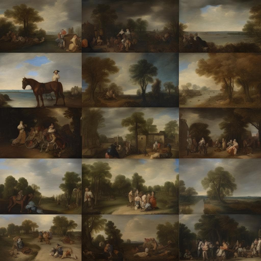 Γραμμένη εικόνα με τοπία και σκηνές από την ιστορία της τέχνης, αναδεικνύοντας τους επιρροές που διαμόρφωσαν τη σύγχρονη τέχνη.