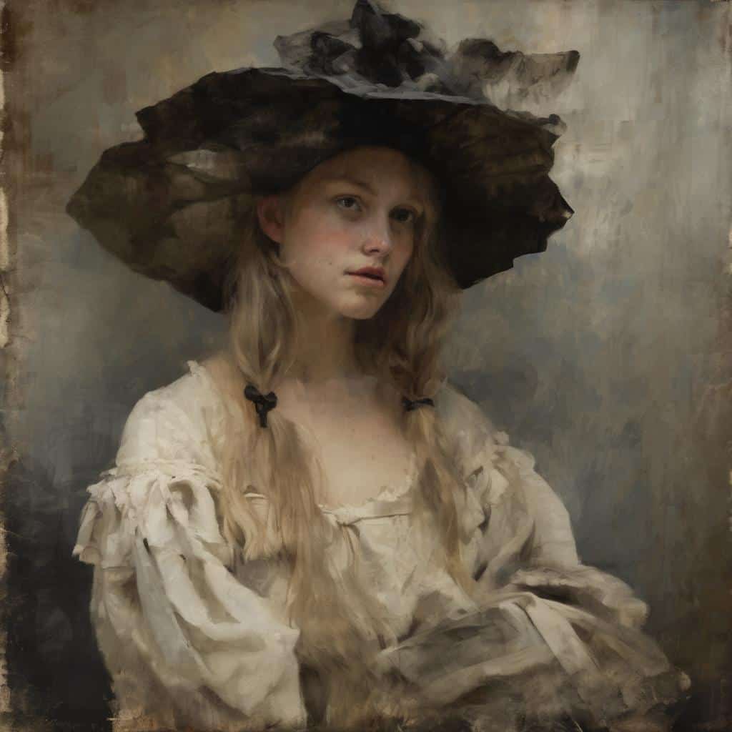 ρεαλιστική εικόνα νεαρής κοπέλας με καπέλο από πέτρα, διαμόρφωση σύγχρονης τέχνης.